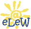 Logo der Partei, Schriftzug eLeW vor einer goldenen Sonne mit dem Internet-at als Sonnenball