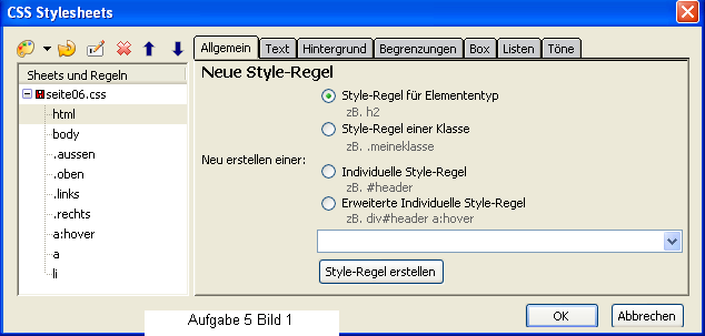 Stylesheet-Fenster für neue Regeln